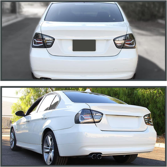 Black LED Tube Tail Lights Compatible with 2005-2008 BMW E90 3-Series 4-Door Sedan, Left + Right Pair Assembly