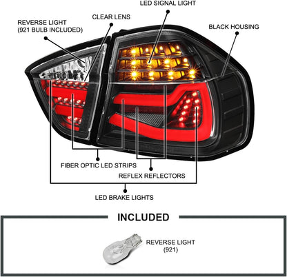 Black LED Tube Tail Lights Compatible with 2005-2008 BMW E90 3-Series 4-Door Sedan, Left + Right Pair Assembly