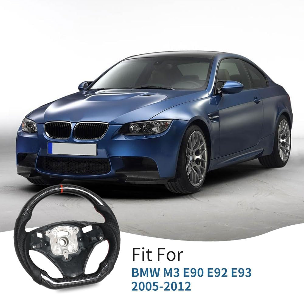 Real Carbon Fiber Steering Wheel, D-Shaped Flat Bottom Steering Wheel with Red Indicate Fit for BMW M3 E90 E92 E93 2005-2012(Large Paddle Shifter Holes Version)