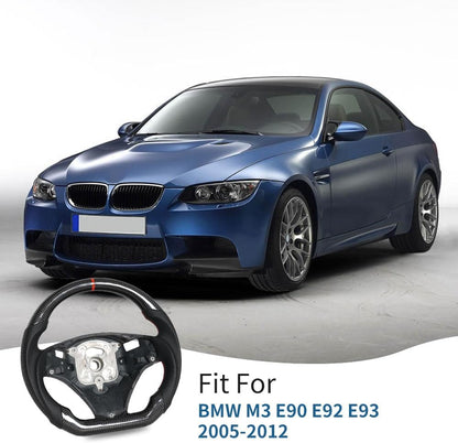 Real Carbon Fiber Steering Wheel, D-Shaped Flat Bottom Steering Wheel with Red Indicate Fit for BMW M3 E90 E92 E93 2005-2012(Large Paddle Shifter Holes Version)