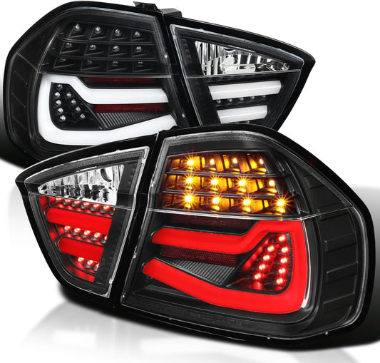 Black LED Tube Tail Lights Compatible with 2005-2008 BMW E90 3-Series 4-Door Sedan, Left + Right Pair Assembly