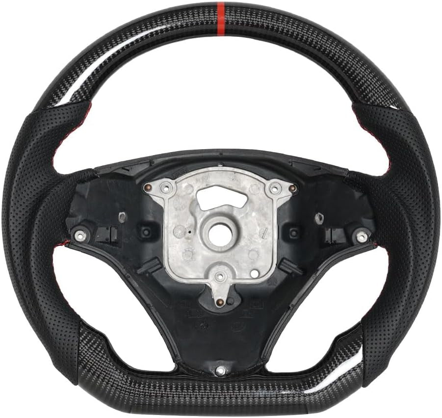 Real Carbon Fiber Steering Wheel, D-Shaped Flat Bottom Steering Wheel with Red Indicate Fit for BMW M3 E90 E92 E93 2005-2012(Large Paddle Shifter Holes Version)