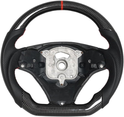 Real Carbon Fiber Steering Wheel, D-Shaped Flat Bottom Steering Wheel with Red Indicate Fit for BMW M3 E90 E92 E93 2005-2012(Large Paddle Shifter Holes Version)
