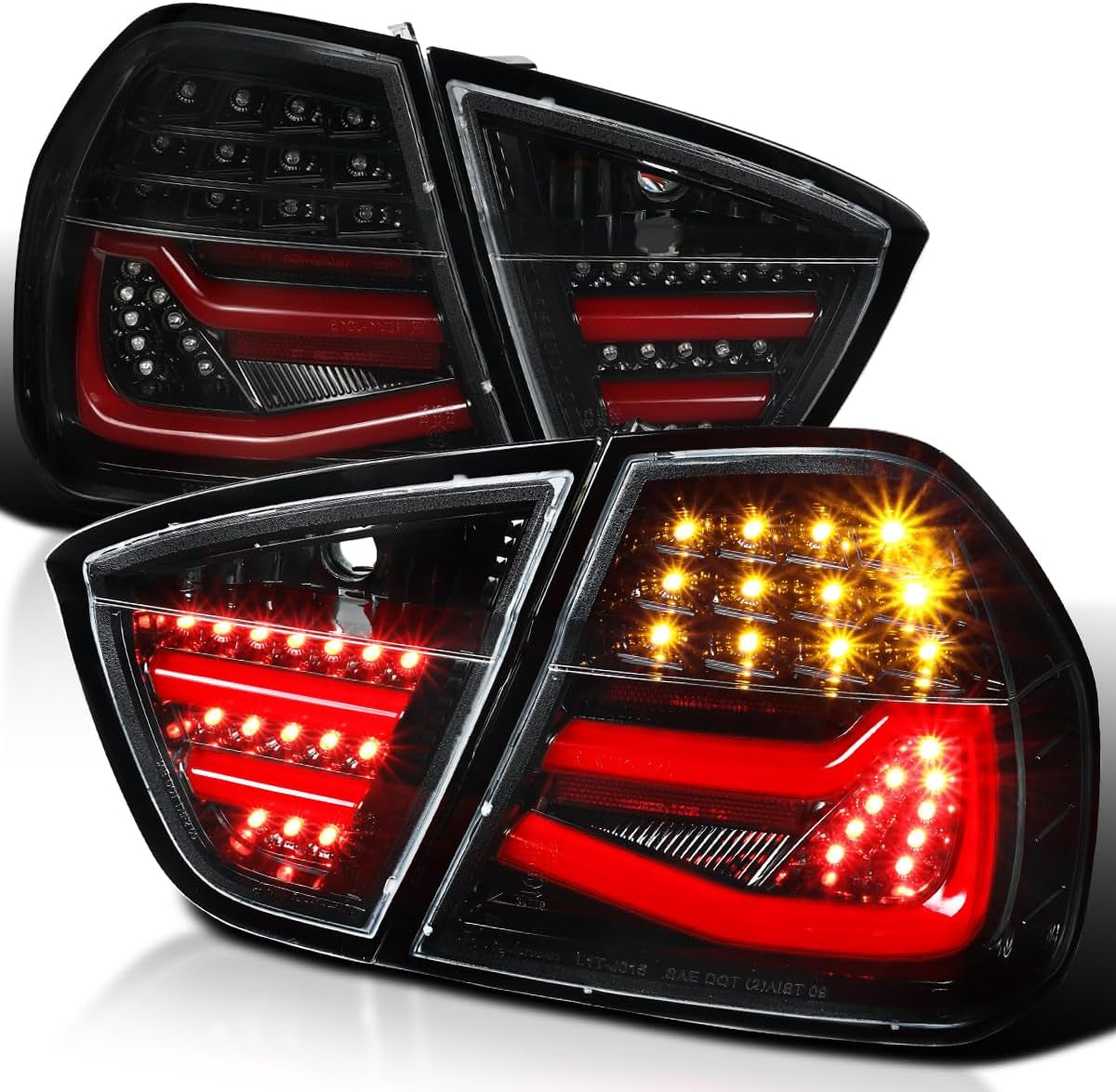 Black LED Tube Tail Lights Compatible with 2005-2008 BMW E90 3-Series 4-Door Sedan, Left + Right Pair Assembly