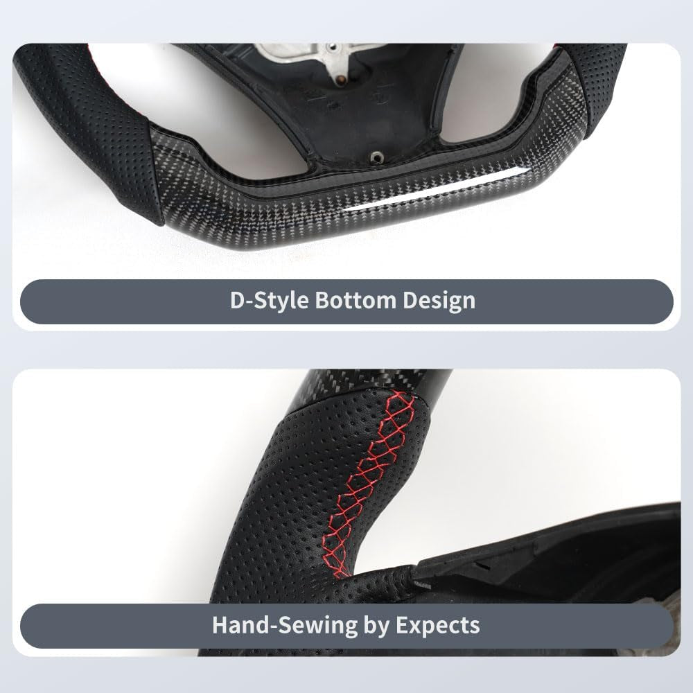 Real Carbon Fiber Steering Wheel, D-Shaped Flat Bottom Steering Wheel with Red Indicate Fit for BMW M3 E90 E92 E93 2005-2012(Large Paddle Shifter Holes Version)