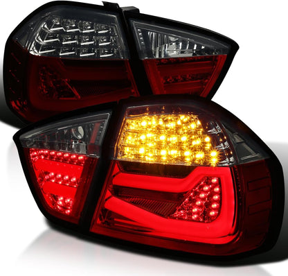 Black LED Tube Tail Lights Compatible with 2005-2008 BMW E90 3-Series 4-Door Sedan, Left + Right Pair Assembly